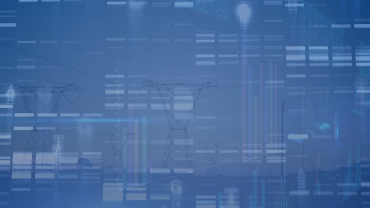 animación del procesamiento de datos sobre los postes de electricidad al atardecer