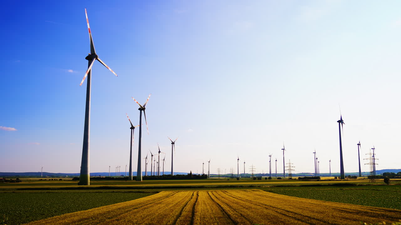 Turbines produce clean energy. Wind turbines stand tall in an open field, harnessing wind power under a clear blue sky during daylight hours