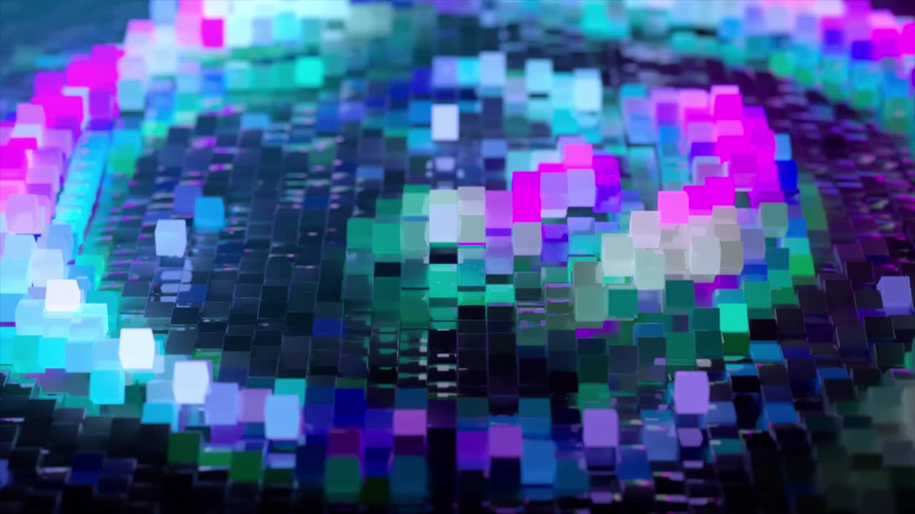 superficie de onda abstracta compuesta de bloques se mueve en orden caótico. color rosa azul. animación 3d de bucle sin costuras