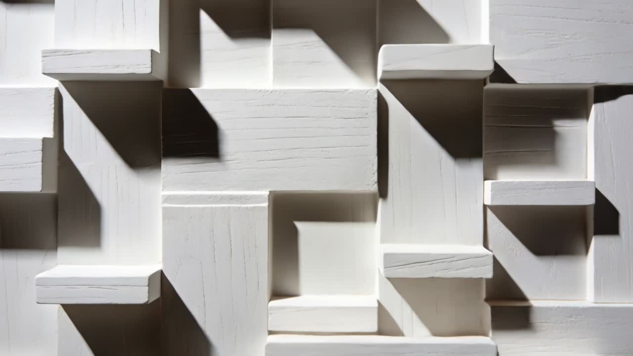 Telecamera scorrevole che mostra un pannello a rilievo in blocchi di legno bianco in studio per rivelare ombre diagonali