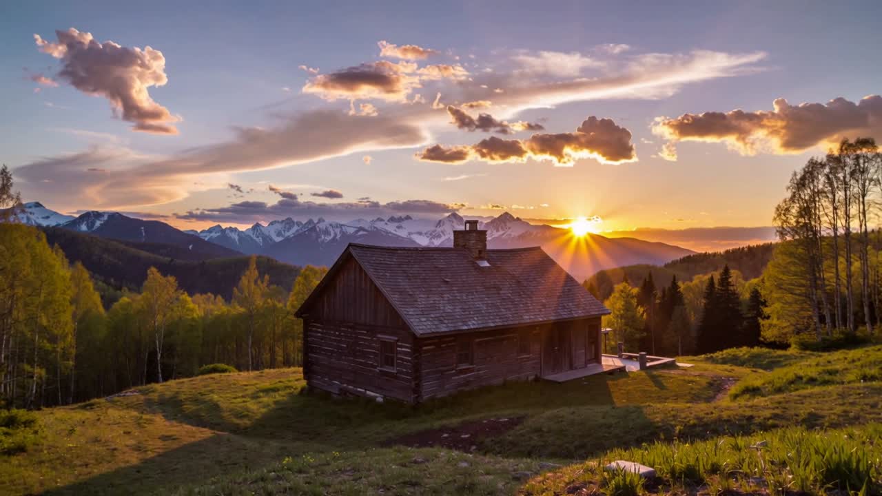 Stigende sol lyser opp trehytte og eng på en alpin fjellside, kaster varmt lys og skygger.