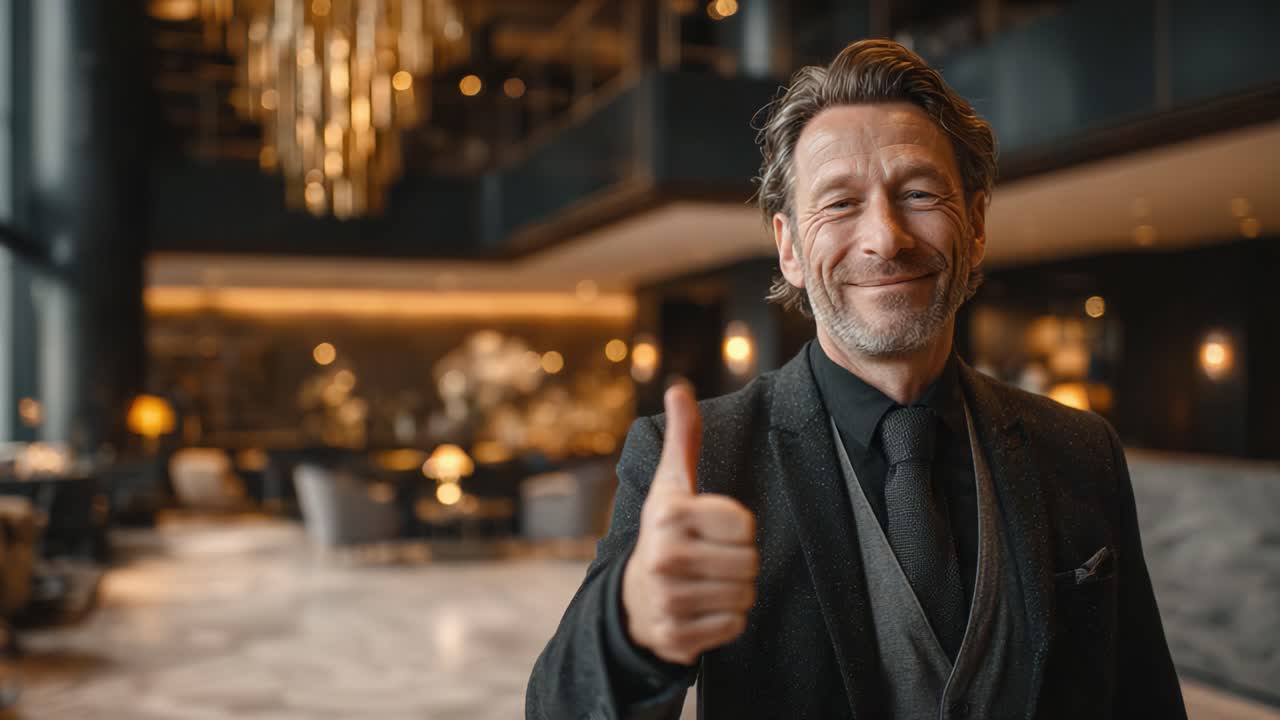 Professional Man in Elegant Suit Expresses Positivity with a Thumbs-Up Gesture in a Luxurious Lobby, Capturing the Essence of Confidence and Hospitality