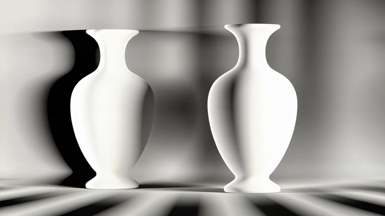 Luce direzionale ampia che modella due vasi di ceramica bianchi su una piattaforma a strisce, riducendo l'effetto ghosting.