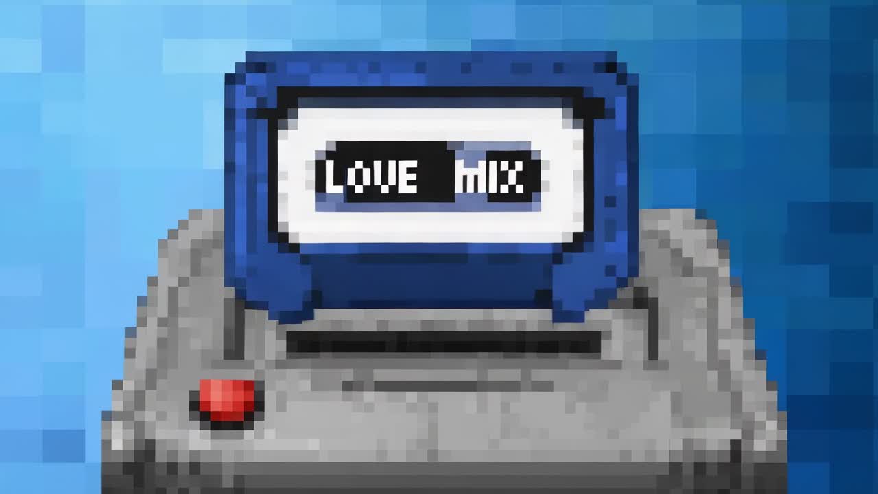 Lowering blue LOVE MIX cartridge into gray slot device in pixel-art closeup, red button lighting up