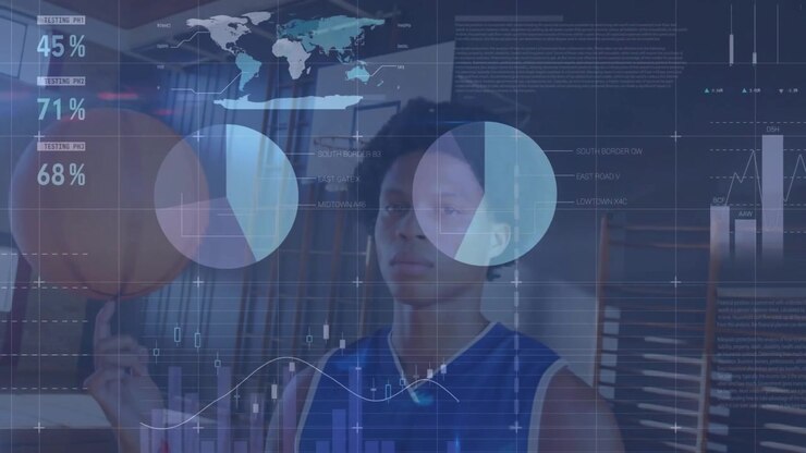 Male athlete spinning basketball causing HUD percent centering and overlay head for sports metrics