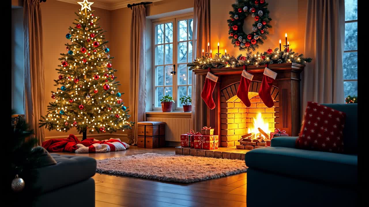 sala de estar de Navidad con chimenea
