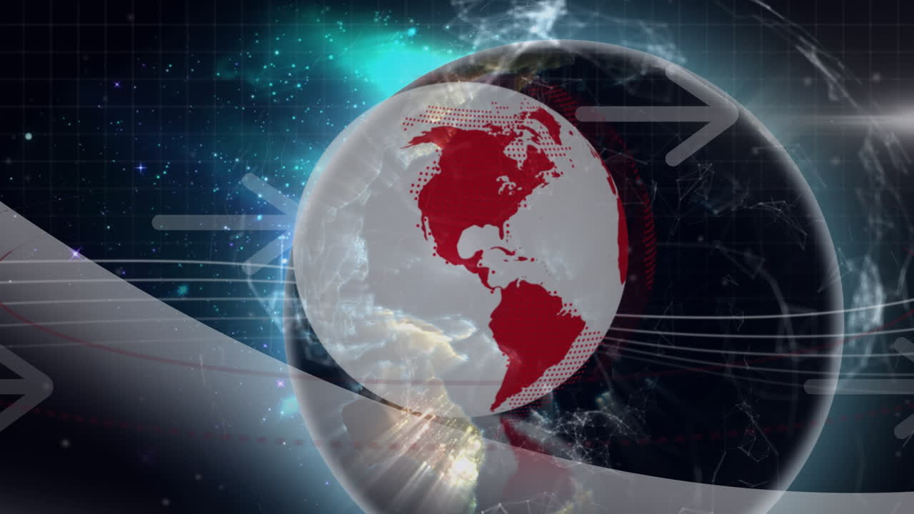 animación del globo y la red de comunicaciones globales sobre flechas horizontales en el cielo del cosmos
