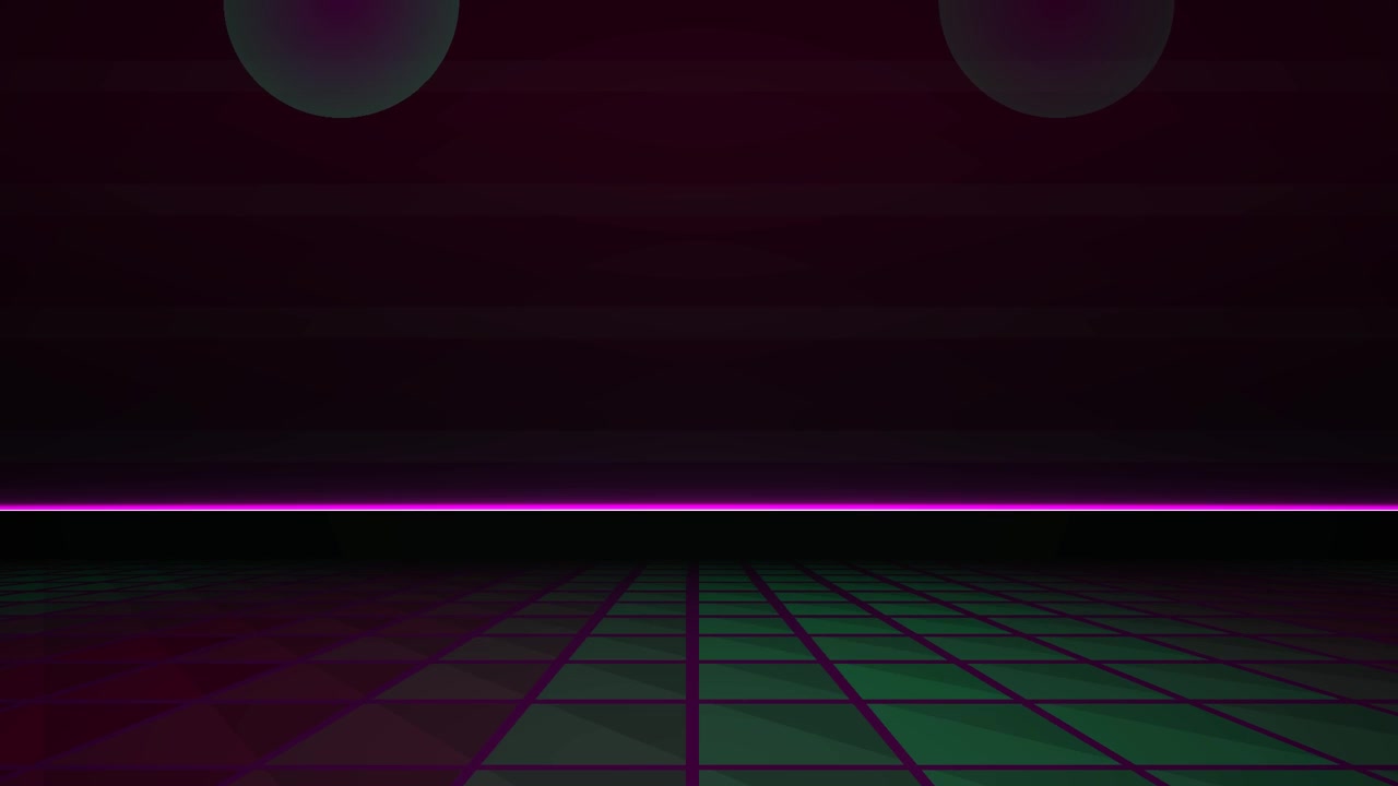 Sfondo a griglia retro synthwave con linea neon e sfere in movimento