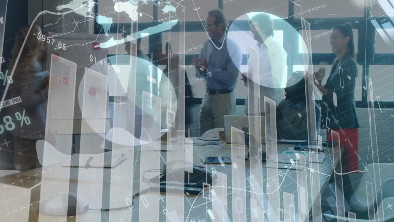 Digital composition of financial data processing against business people working in office