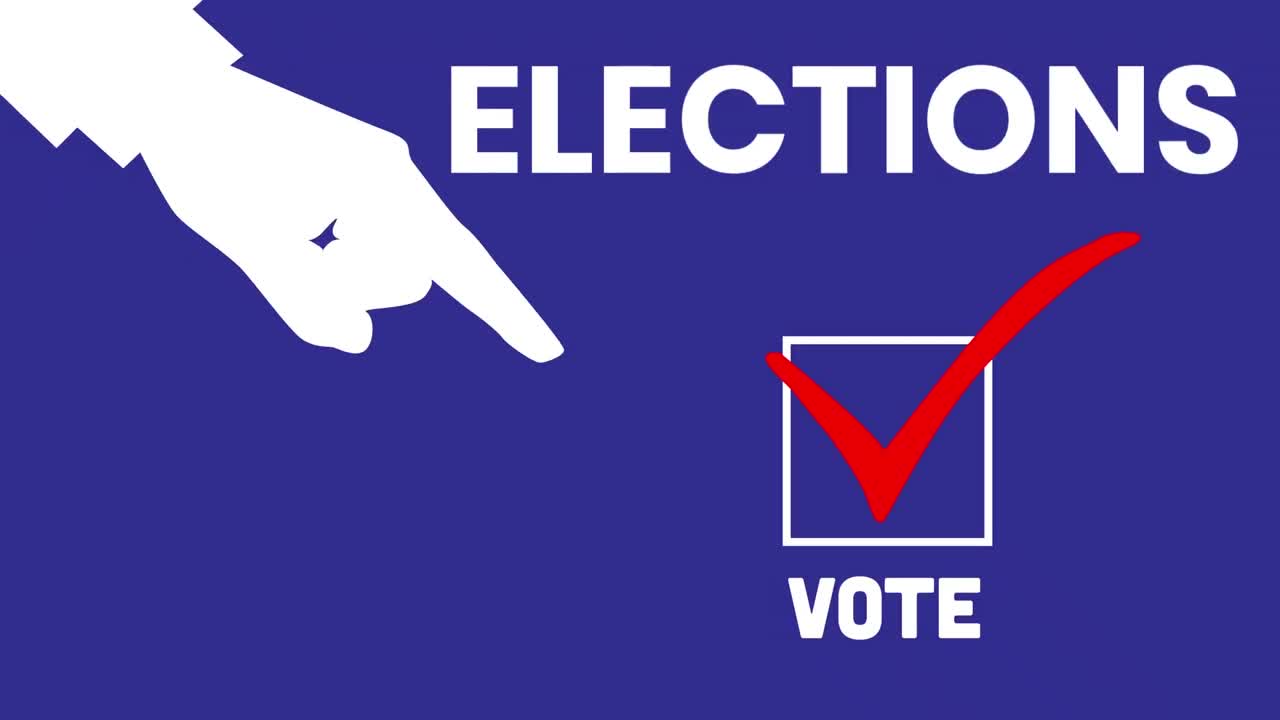 ⁇  사각형을 가리키는 손의 애니메이션과 단어 투표와 단어 선거