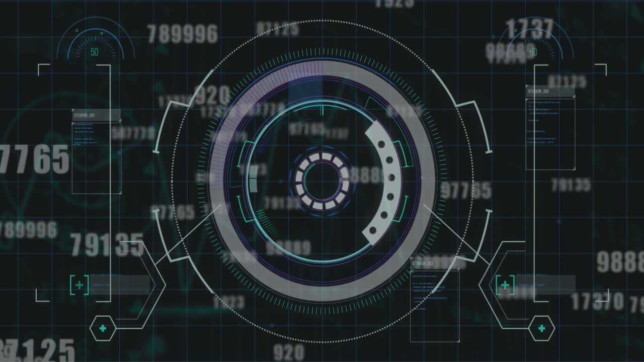 Animation of multiple changing numbers over interface with round scanner and data processing