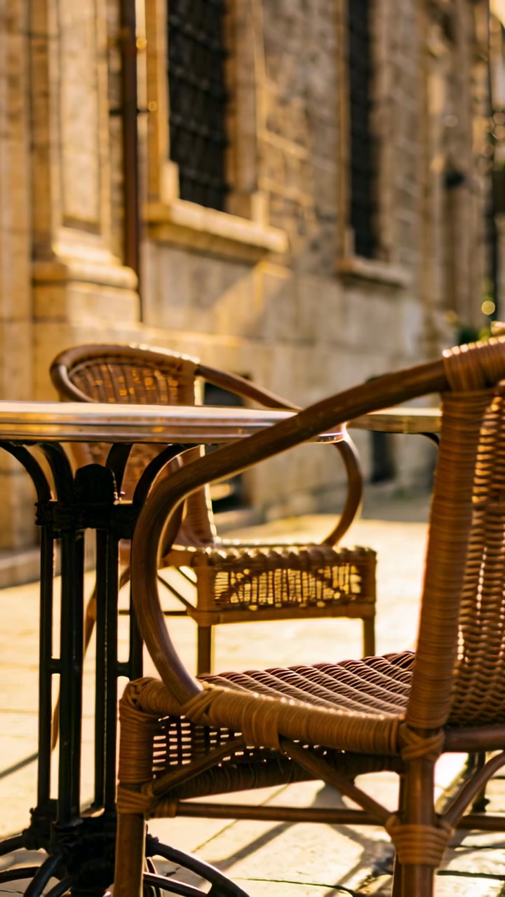 Vertical video: Pulling back camera revealing wicker chair and table at cafe, exposing stone wall