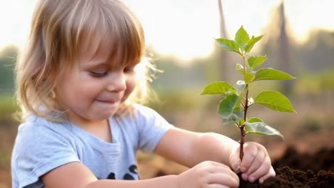 a blonde cheerful child carefully plants a young tree sapling, their face glowing with happiness.