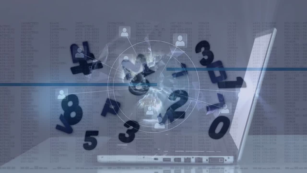 animación de la red de conexiones con computadora portátil y números cambiando
