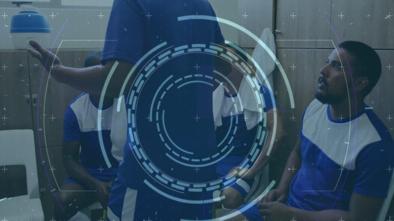 animación de escaneo de alcance y procesamiento de datos sobre diversos jugadores de fútbol masculino en el vestuario