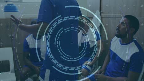 animation of scope scanning and data processing over diverse male football players in changing room