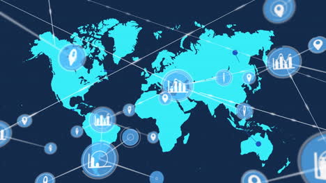 animation of network of connections with icons over world map