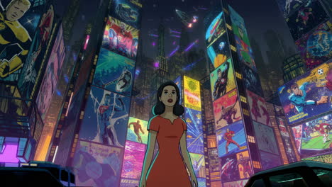 woman gazing at futuristic city with superhero billboards at night
