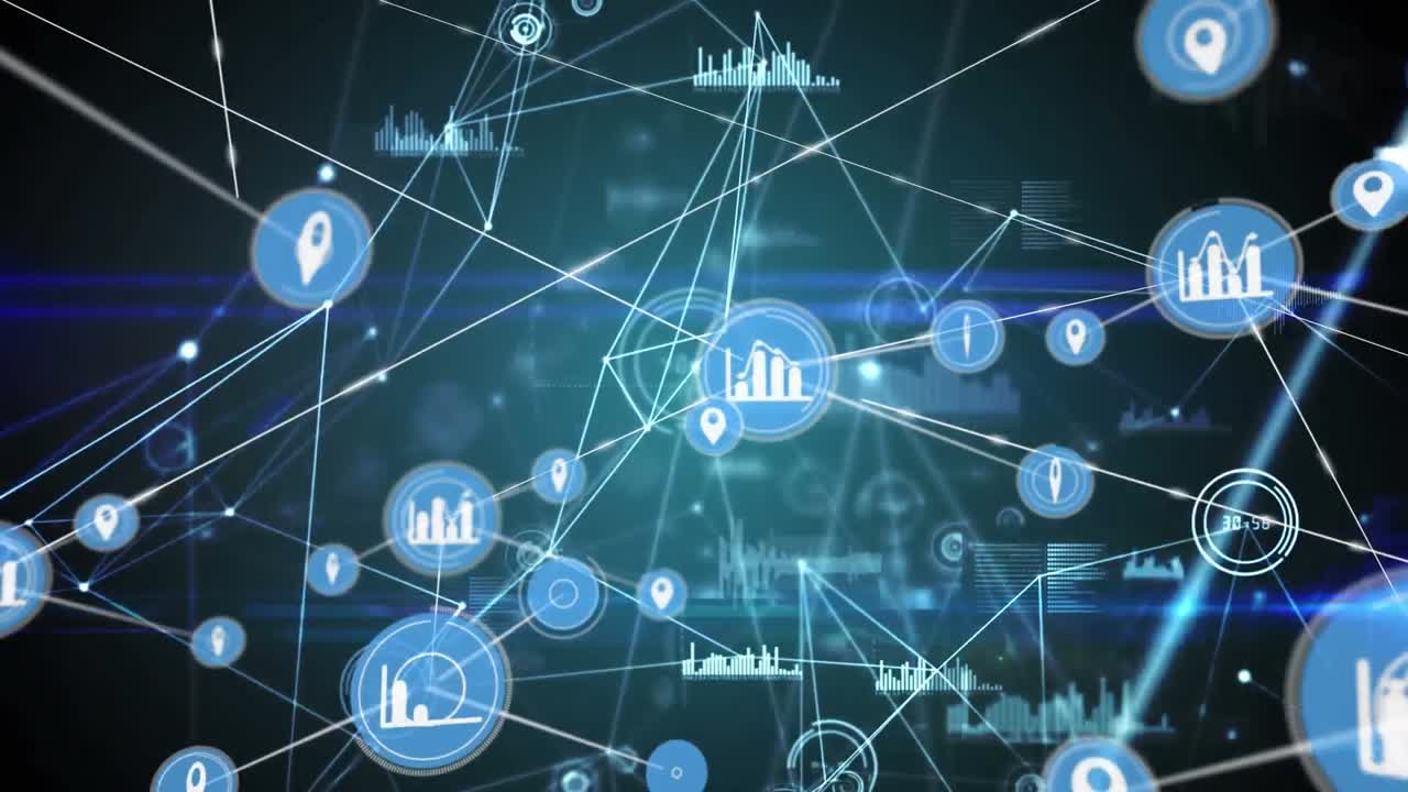 animación de redes de conexiones con iconos sobre fondo negro