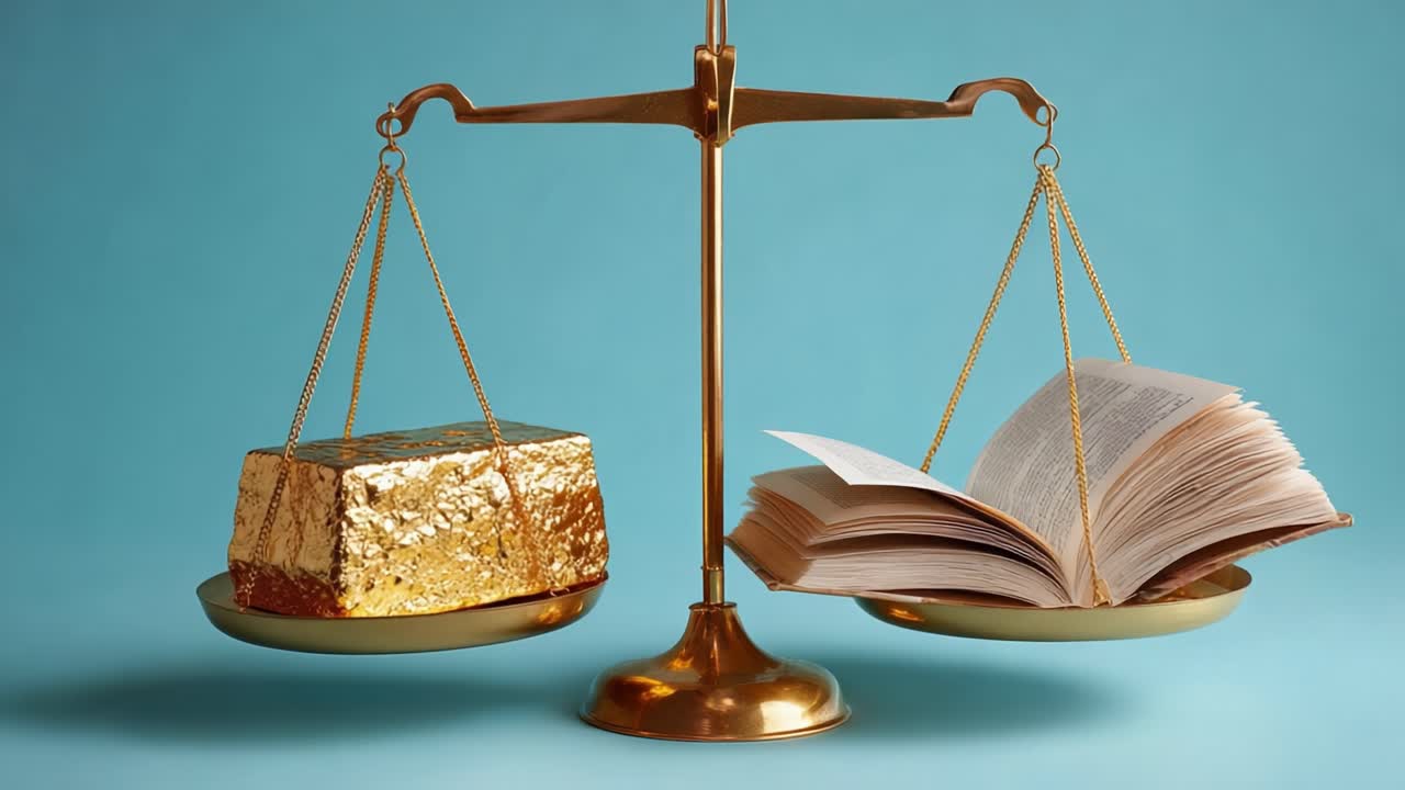 The Delicate Balance Between Knowledge and Wealth: A Comparison of an Open Book and a Gold Bar on a Scale, Representing Values and Choices in Life