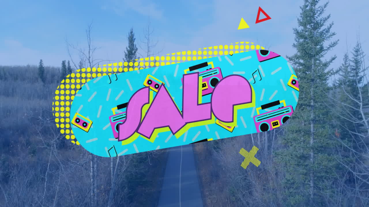 Designers placing retro sale graphic over aerial road view, featuring cassette boombox icons