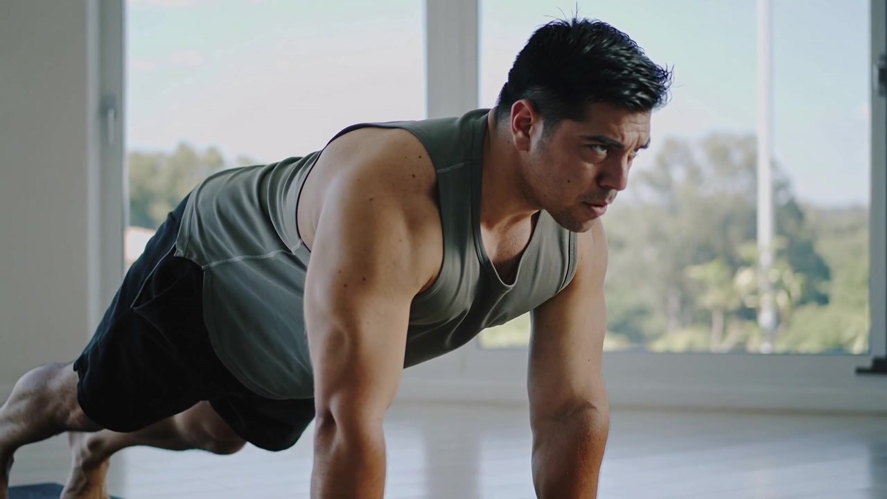 Uomo adulto che espira spingendo il busto in avanti su un tappetino da casa per un push-up controllato, indossando una canotta grigia.