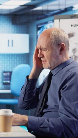 stressed man experiencing headache in medical office