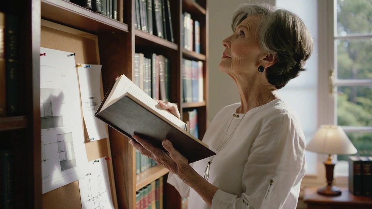Abrindo um livro, uma senhora de blusa lendo no escritório, olhando diagramas e procurando um livro nas prateleiras.