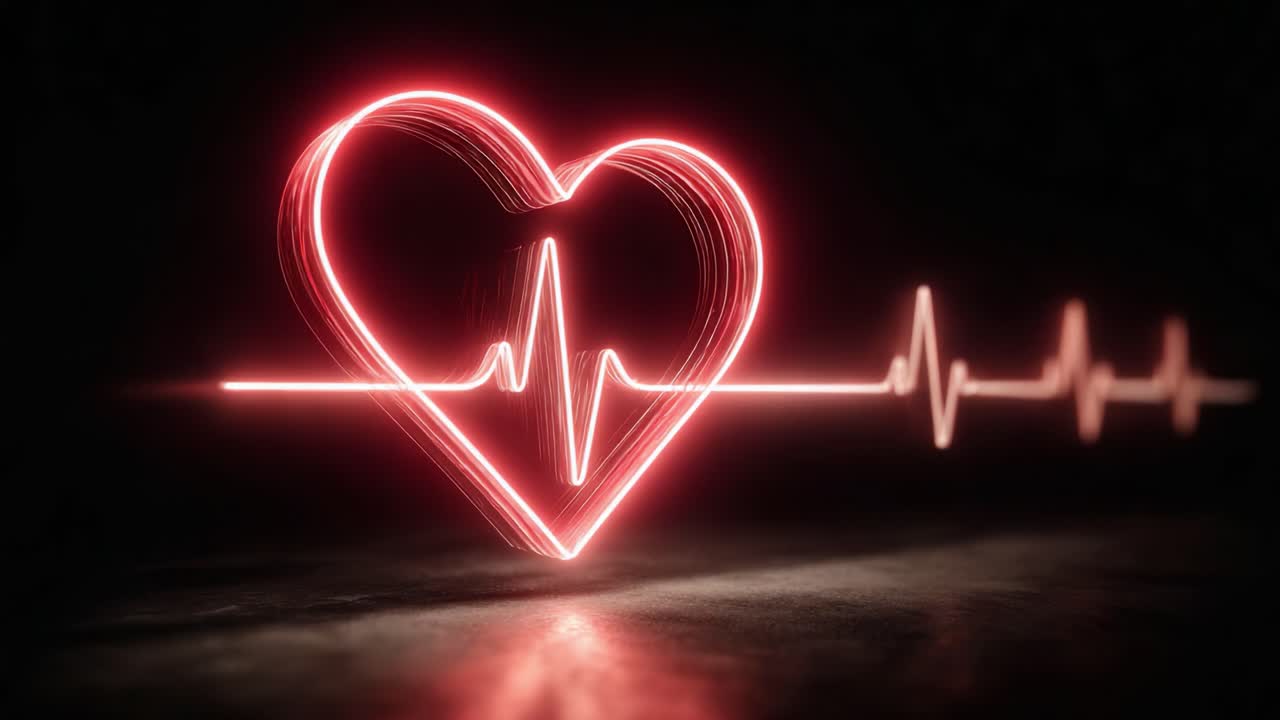 Dynamic Heartbeat Visualization: A Captivating Render of a Glowing Heart and Pulse Line, Symbolizing Love and Life in a Striking Neon Aesthetic