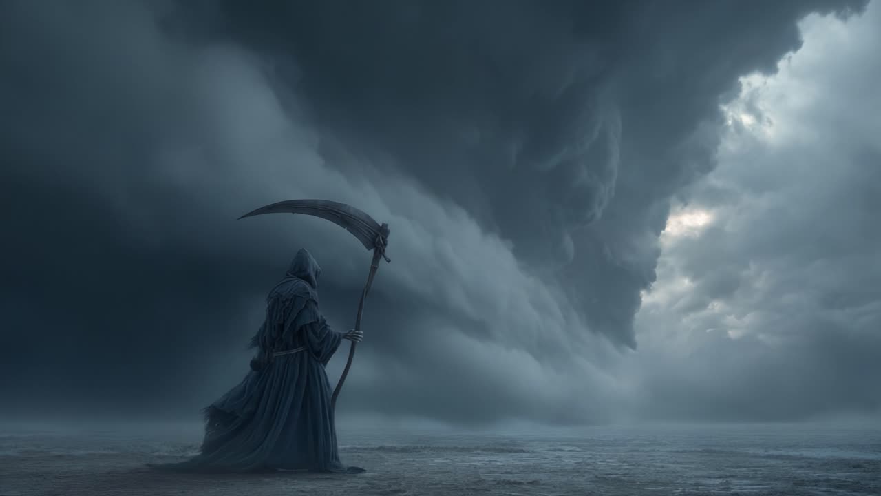 Una figura cupa si erge contro un cielo scuro e turbolento, evocando temi di mistero e ignoto in un paesaggio atmosferico di tempeste imminenti
