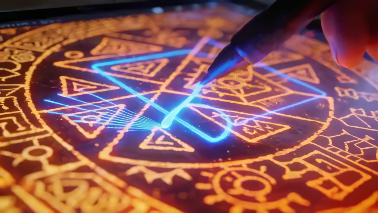 Mano che tocca lo schermo del tablet e tiene uno stilo, tracciando un sigillo blu alla scrivania per creare un simbolo con scintille