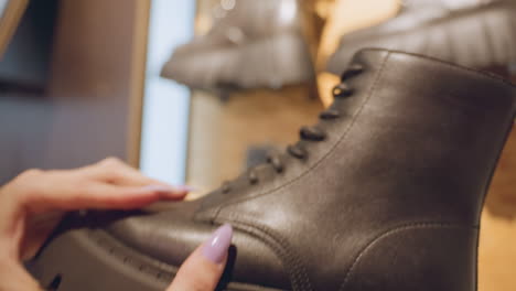 client hands with manicured nails feel chunky boot sole, fingertips explore deep tread and smooth leather, verifying durability, grip, quality under warm boutique lighting before purchase decision
