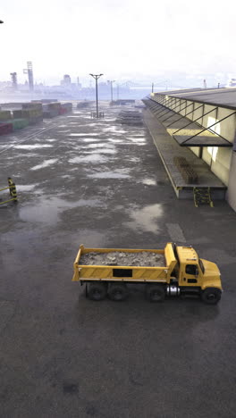 trucking through an industrial port area with cargo containers in view