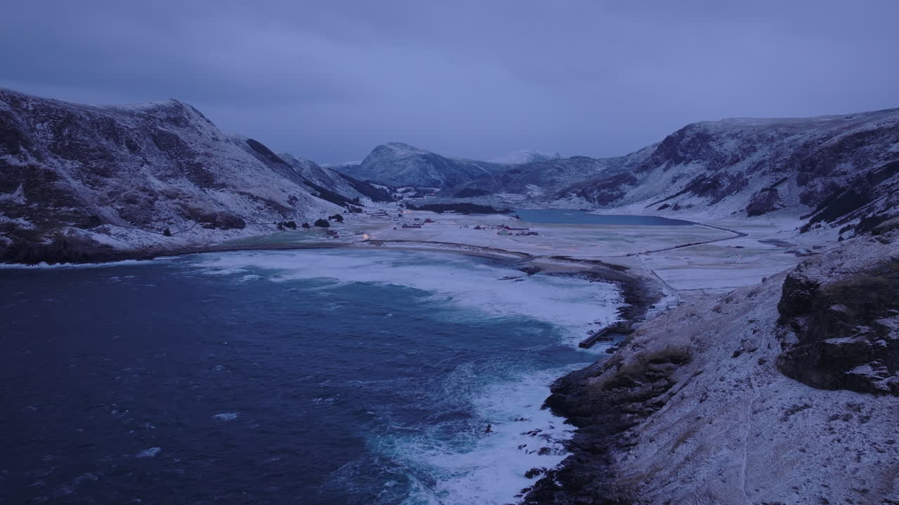 Beautiful surfing spot Ervik at dusk in winter