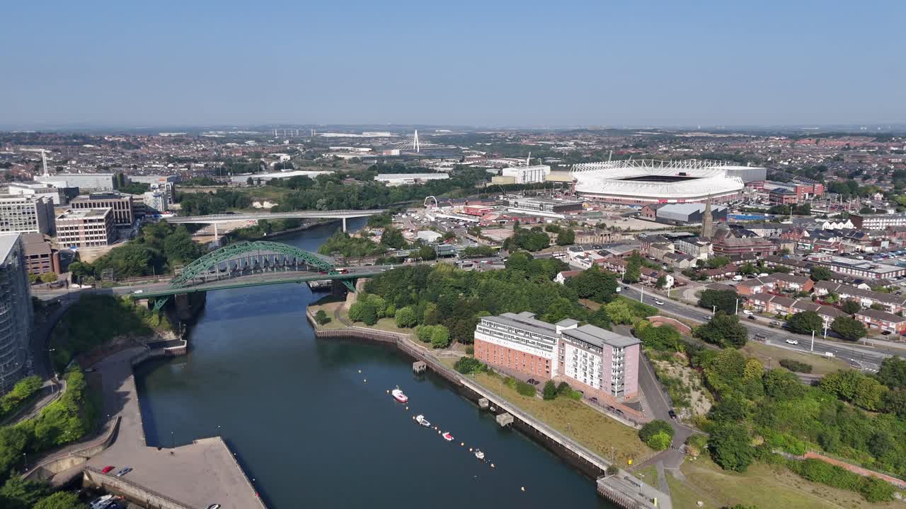 Aerial drone view of Sunderland north east england uk tyne and wear wearside river early morning stadium of light monkwearmouth bridge