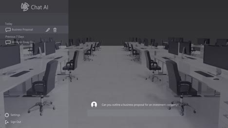 chat ai logo and conversation text over desks and chairs in empty business office