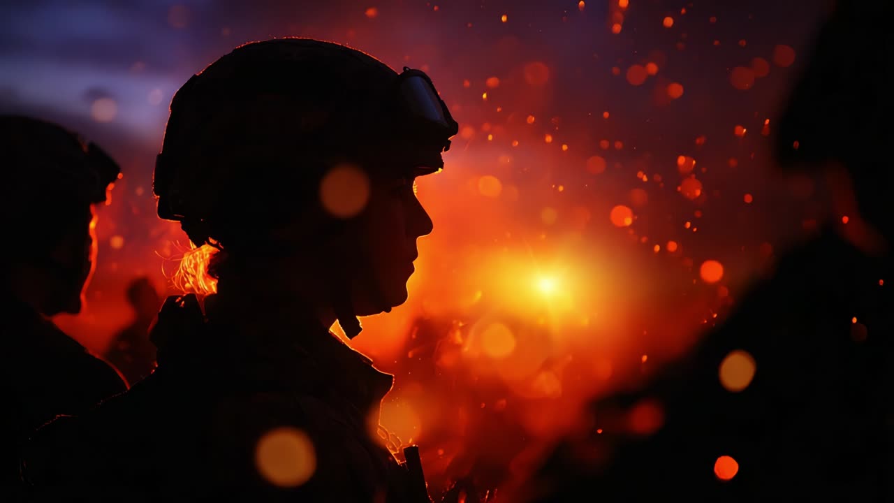 Dramatic Silhouette of a Soldier Against a Fiery Background, Capturing the Intensity of a Moment with Glowing Embers and the Soft Glow of Distant Flames Lighting the Night Sky