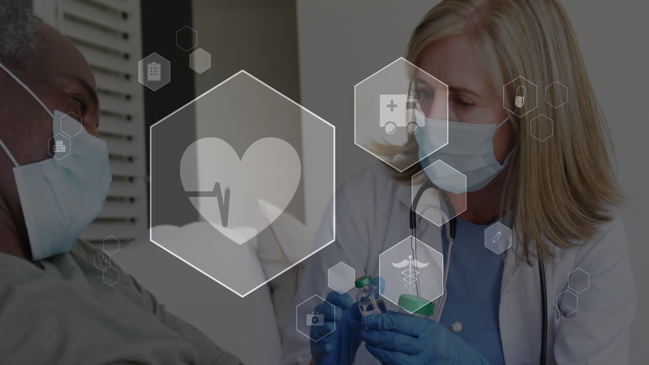 백인 여성 의사가 얼굴 마스크를 쓰고 백신을 접종하는 디지털 아이콘 데이터 처리의 애니메이션