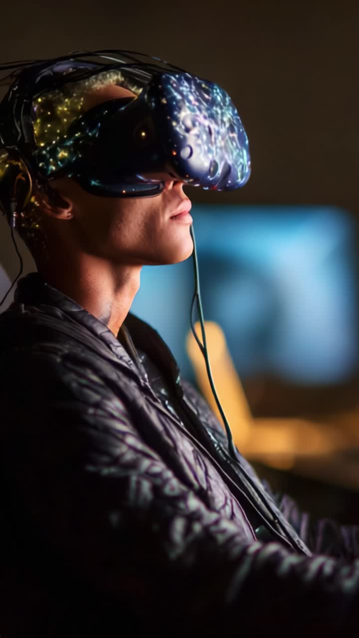 A User Immersed in Virtual Reality, Experiencing a Futuristic Digital Environment Through Advanced Headset Technology, Combining Imagination and Reality