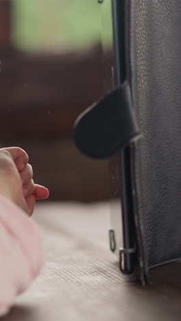 talking little girl with fluffy ponytail draws line on tablet computer by finger at wooden table in cafe extreme close side view slow motion