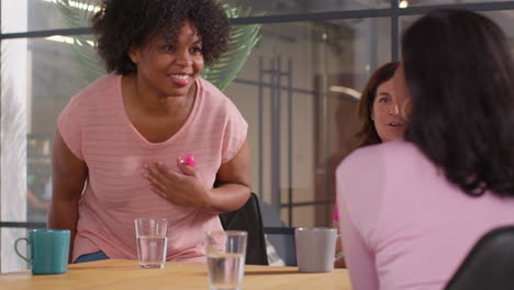 Mujer-Con-Un-Lazo-Rosa-Para-Concientizar-Sobre-El-Cáncer-De-Mama-Durante-La-Presentación-En-Una-Reunión-De-Un-Grupo-De-Apoyo-Terapéutico-Para-Pacientes-Con-Cáncer