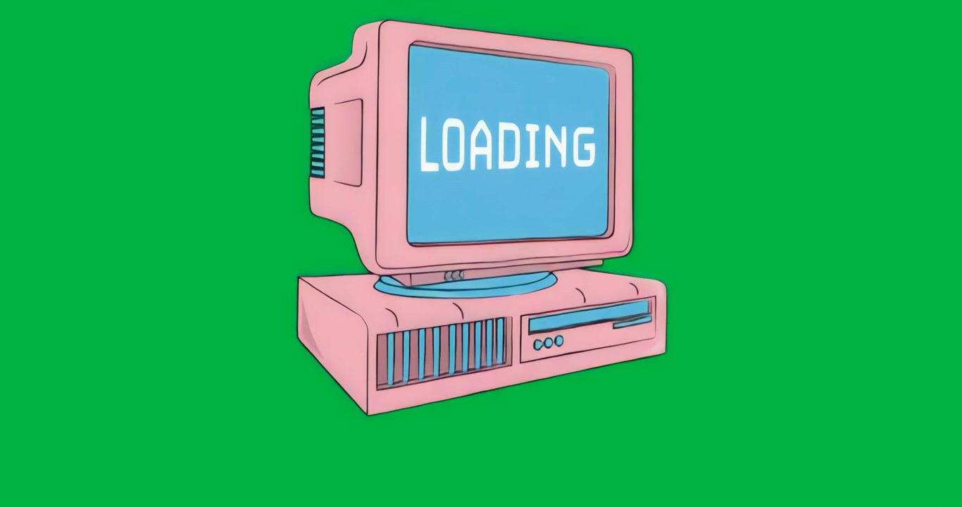 Computer retrò rosa all'avvio che mostra il testo LOADING su sfondo trasparente, indicando lo stato di caricamento
