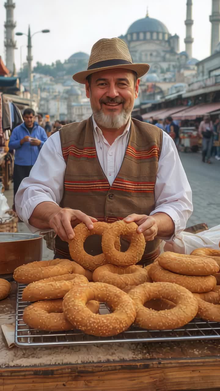 Vertical video: Smiling vendor in straw hat holding simit as buyer nearing market, drawing crowd