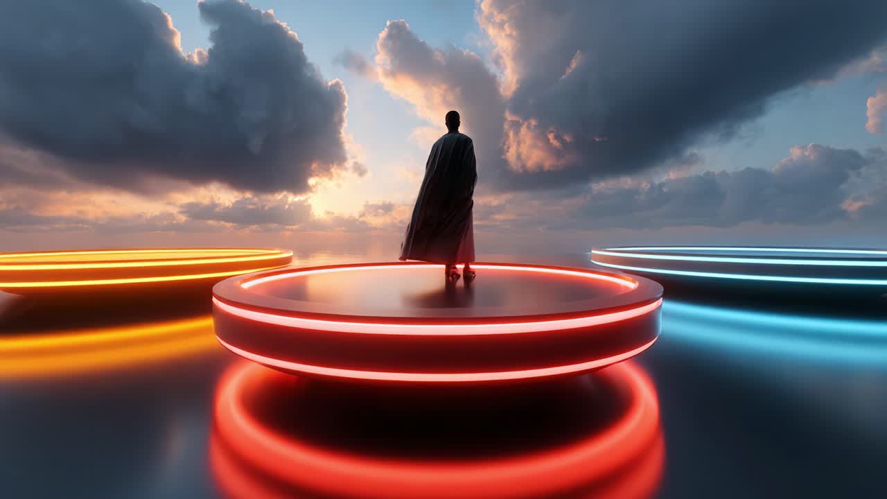 A solitary figure stands on a glowing platform, silhouetted against a stunning sunrise, evoking feelings of contemplation and possibility in a surreal landscape with colorful circular designs