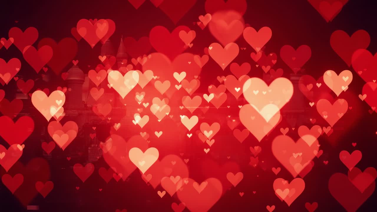 Schermo di riempimento all'avvio, cuori rossi traslucidi che fluttuano, si sovrappongono e brillano in bokeh