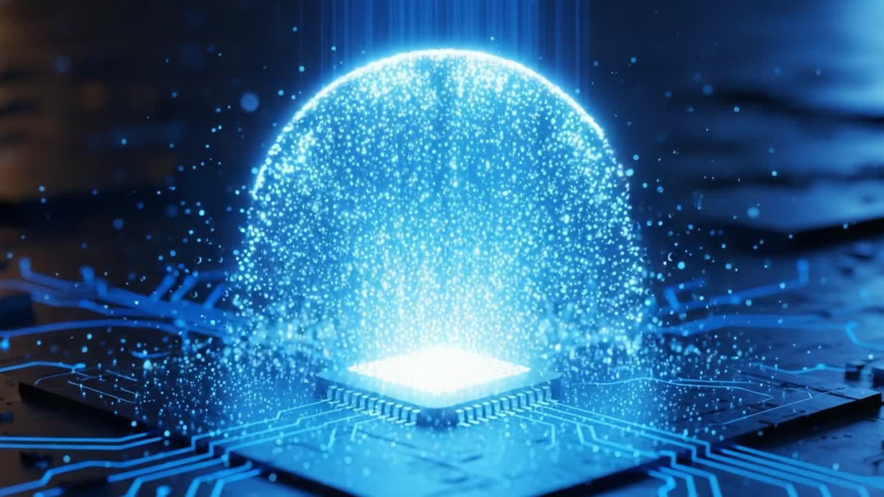 A mesmerizing visualization of a glowing microchip surrounded by shimmering particles, depicting advanced technology and the essence of digital innovation in a digital landscape