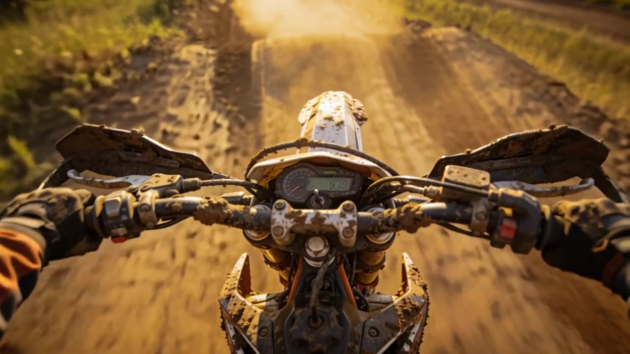 Un motociclista in accelerazione che dà gas e sterza su una pista sconnessa, reagendo alla polvere sollevata.