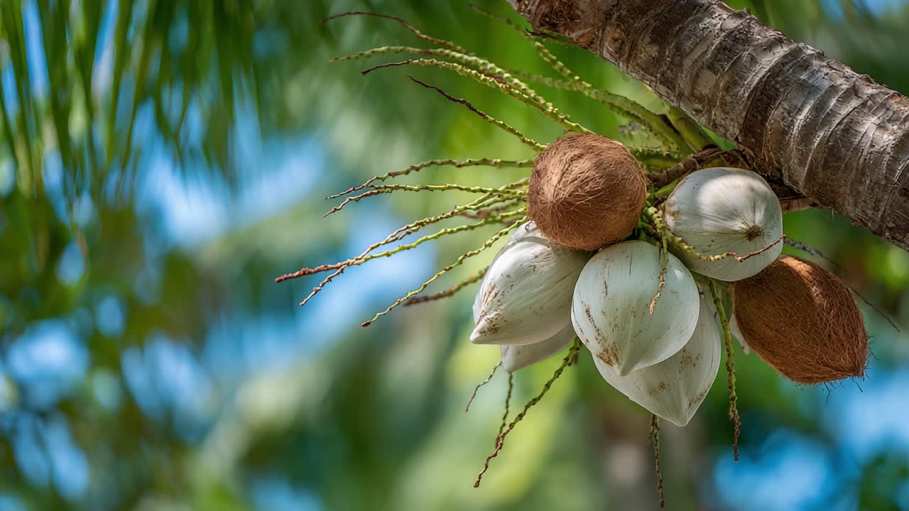 Close-up of Coconut Fruits on Palm Tree Branch Surrounded by Lush Greenery, Showcasing the Unique Shape and Texture of the Nuts and Their Natural Environment