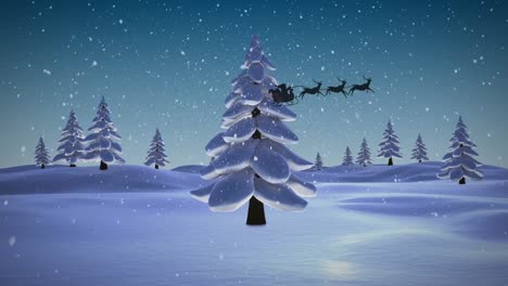 Animation-of-santa-claus-in-sleigh-with-reindeer-passing-over-snowy-winter-scenery