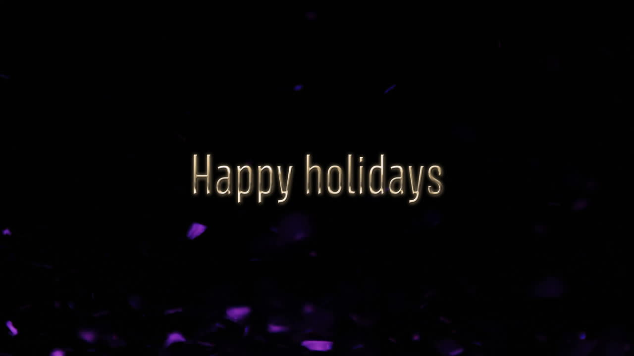 행복한 휴일 텍스트와 콘페티 공의 애니메이션은 검은 바탕에 활기찬 바람에 움직입니다.